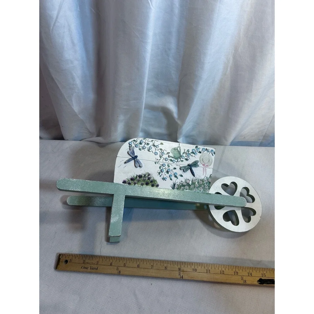 Unbranded Wooden Wheelbarrow Planter 14.5in Green Dragonfly Garden Decor